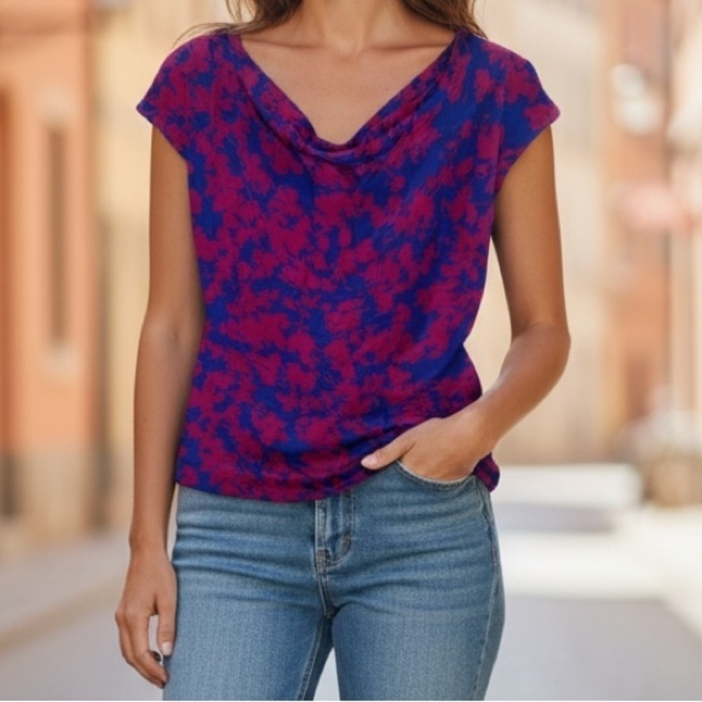 Pippa Women's Size 0 Shell Blouse Blue Pink Geometric Cowl Neck Cap Sleeve Silk
